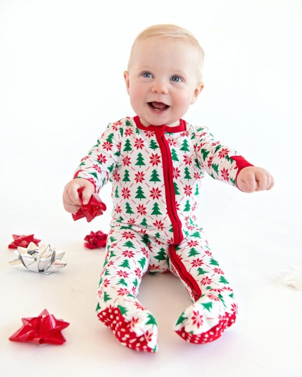 Infant Unisex Zipper Footie - Poinsettia and Tree
