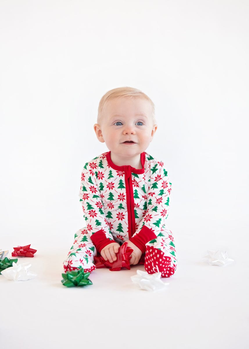 Infant Unisex Zipper Footie - Poinsettia and Tree - Image 3