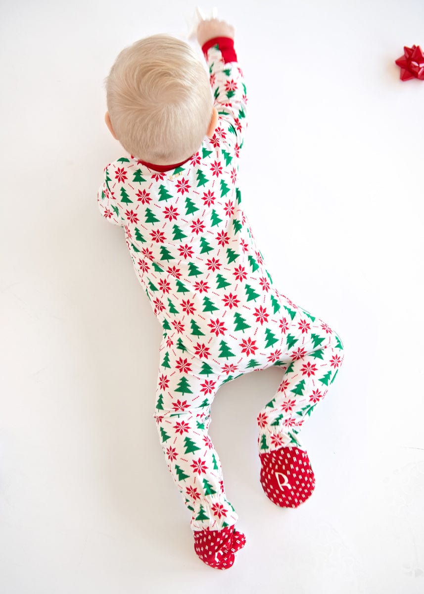 Infant Unisex Zipper Footie - Poinsettia and Tree - Image 4