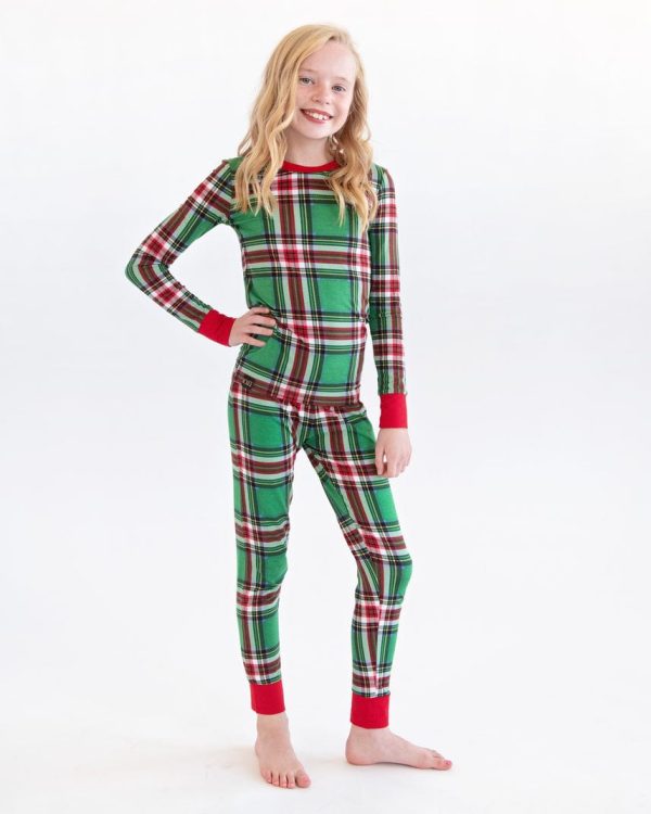 Snug-Fitting Unisex Tween Matching Set - Green Plaid
